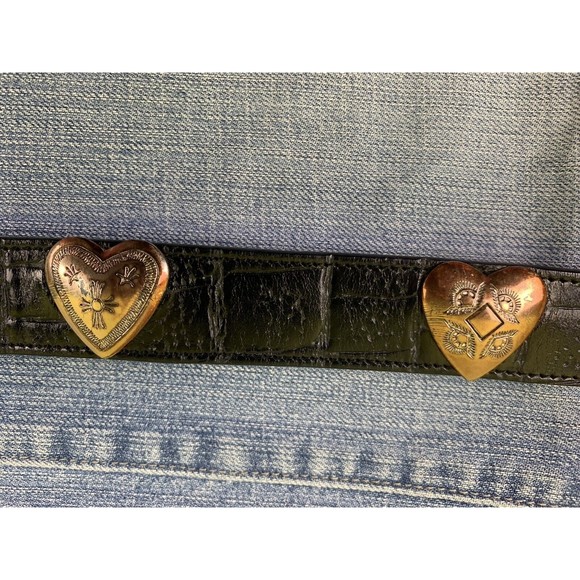 Western Alligator Print Black Leather Belt 32 L SOUTHWEST Cowgirl Metal Hearts - Picture 3 of 11